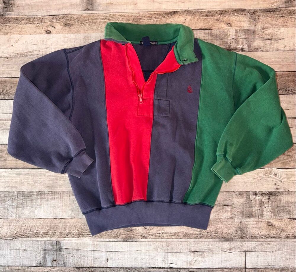 Vintage 90s Nautical Colorblock Green Red Blue Quarter Zip Pullover Sweatshirt